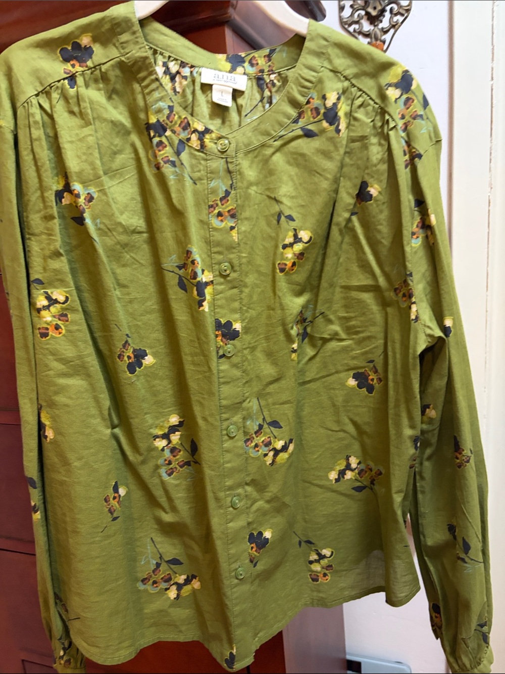 a.n.a Olive Green Floral Casual Button-Down Shirt